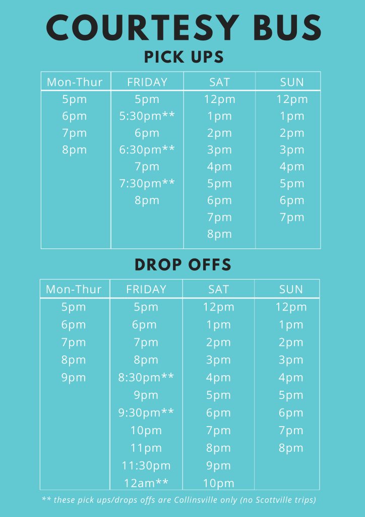 courtesy bus pick up drop off times